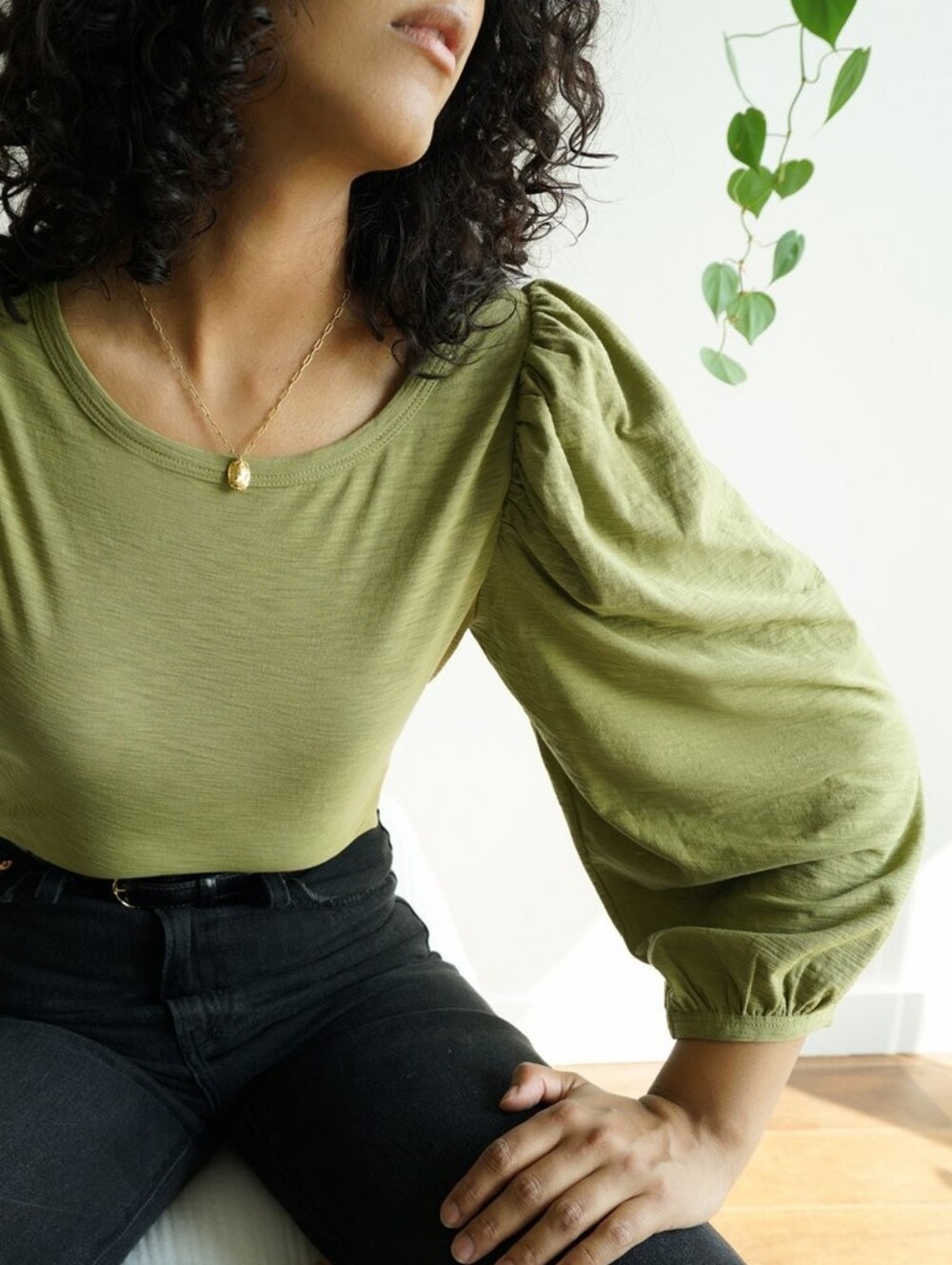 Nation LTD Cecilia Balloon Sleeve Pima Cotton T-Shirt Top Olive Green Size Small